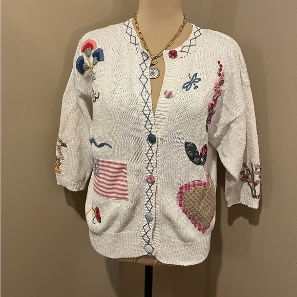 Susan Bristol Sweaters - Vintage Susan Bristol Off White Cardigan Multicolor Embroidery, Grannycore, M